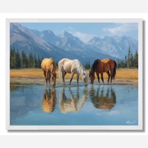 HORSES BY THE LAKE - FRAMED