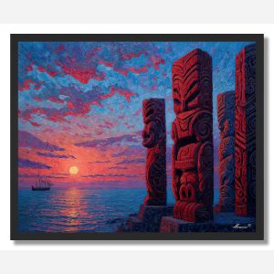 MAORI CARVINGS AT SUNSET - FRAMED