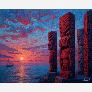 MAORI CARVINGS AT SUNSET