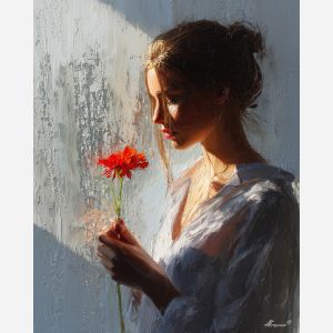 WOMAN WITH RED FLOWER