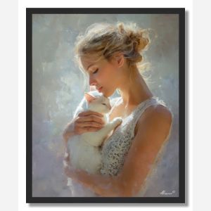 WOMAN WITH A WHITE CAT - FRAMED