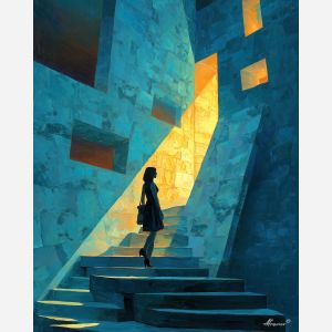 WOMAN CLIMBING STAIRS OF LIGHT