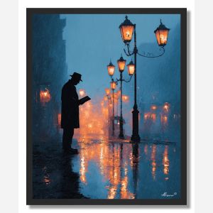 MAN READING IN CITY LIGHT - FRAMED