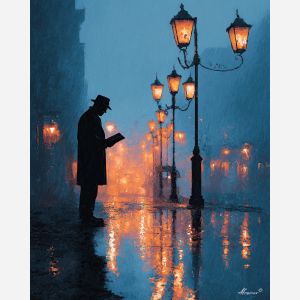 MAN READING IN CITY LIGHT