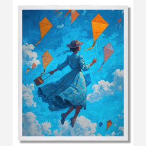 WOMAN FLOATING WITH KITES - FRAMED