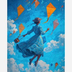 WOMAN FLOATING WITH KITES