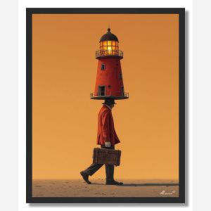 MAN CARRYING LIGHTHOUSE - FRAMED