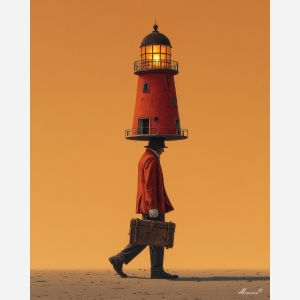MAN CARRYING LIGHTHOUSE