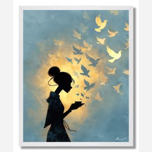 WOMAN FEEDING LIGHT BIRDS - FRAMED