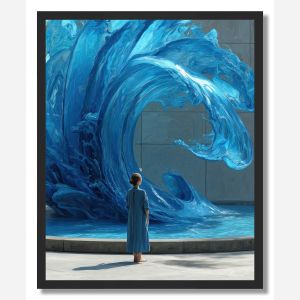 BLUE WOMAN BY THE FOUNTAIN - FRAMED