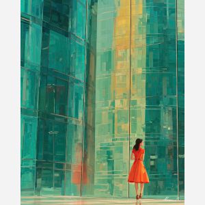 COLOR WOMAN IN GLASS CITY