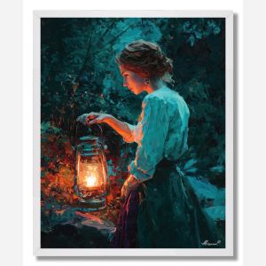 WOMAN HOLDING COLOR LANTERN - FRAMED