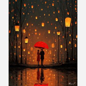 COUPLE UNDER RED UMBRELLA