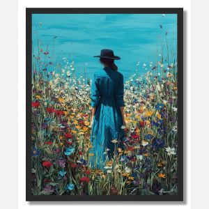 WOMAN IN FLOWER FIELD - FRAMED