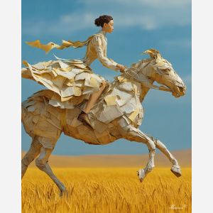 WOMAN RIDING PAPER HORSE