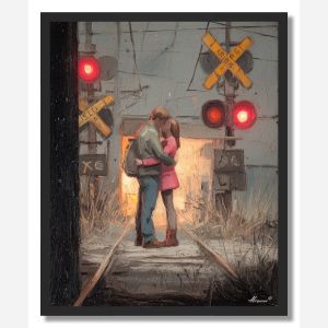 COUPLE AT TRAIN CROSSING - FRAMED