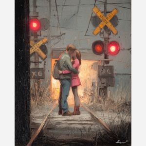 COUPLE AT TRAIN CROSSING