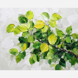 spring forest painting, lime green leaves, neon nature art, palette knife spring, textured woodland decor, fresh forest scene