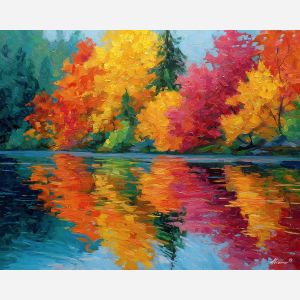 autumn lake reflection, red orange trees, fall forest water scene, palette knife landscape, textured oil painting