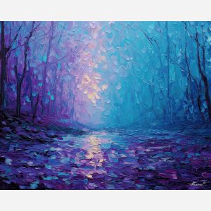 dusk forest painting, purple forest art, twilight woods, blue shadows, palette knife landscape, moody oil painting, atmospheric forest wall art