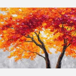 autumn forest art, red leaves painting, orange forest decor, fall landscape, palette knife oil painting, warm fall colors, textured forest artwork