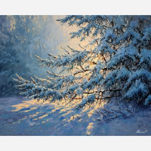 winter forest art, snowy evergreens, frosted trees, cold forest painting, palette knife oil, textured winter landscape