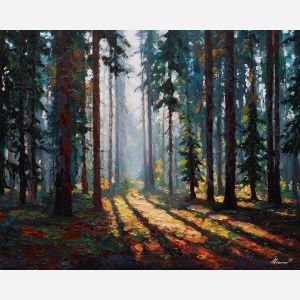 shadow forest painting, dark woodland art, moody forest landscape, palette knife oil, textured nature decor