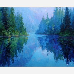 blue lake painting, forest reflection art, calm water landscape, palette knife oil, textured nature artwork
