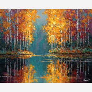 forest reflection, golden trees, lake landscape painting, palette knife oil, autumn water art, nature wall decor