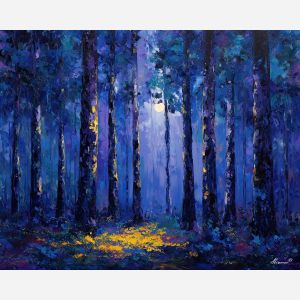 indigo forest painting, night woods art, dark blue landscape, moonlit forest decor, palette knife night painting, textured woodland