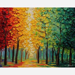 multicolor forest painting, rainbow leaves art, colorful woodland, palette knife oil painting, textured landscape, vibrant forest decor, red gold green trees