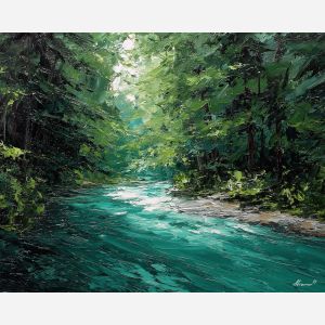 emerald forest painting, teal river art, green landscape, woodland water scene, palette knife oil painting, textured forest artwork