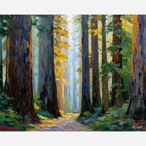 redwood forest painting, tall trees artwork, ancient forest, golden forest light, palette knife oil painting, textured landscape, nature wall decor, woodland path art