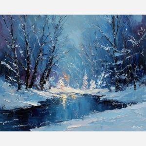 winter forest painting, icy forest art, snow-covered trees, crystal light landscape, palette knife winter, cool forest decor