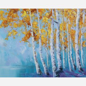 birch forest painting, white tree trunks, blue sky forest art, cool color palette, palette knife oil painting, nature wall decor