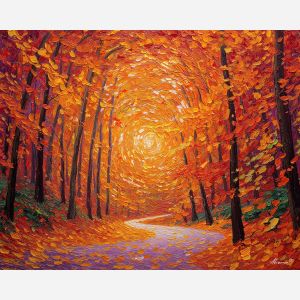amber leaf forest, warm forest painting, autumn grove art, swirling leaves, palette knife artwork, textured nature painting, golden forest decor