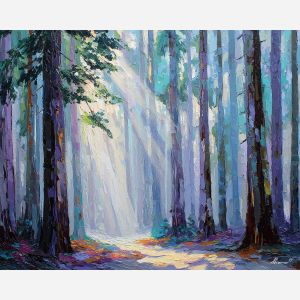 sunlight forest painting, pine forest art, silver light landscape, palette knife oil painting, textured nature decor