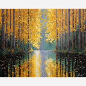 golden forest painting, shimmering leaves art, warm forest glow, palette knife texture, textured woodland landscape