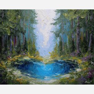 blue forest pool, woodland water scene, bright blue landscape, palette knife oil painting, textured forest decor