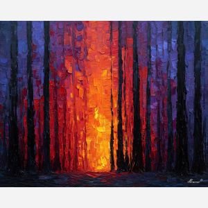 sunset forest painting, amber red trees, fiery woodland art, palette knife oil, textured forest landscape