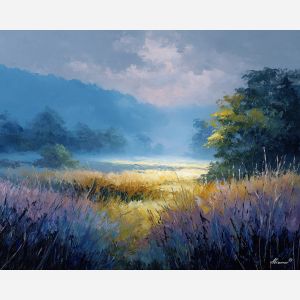 misty clearing painting, forest meadow art, morning fog landscape, palette knife oil painting, soft woodland decor