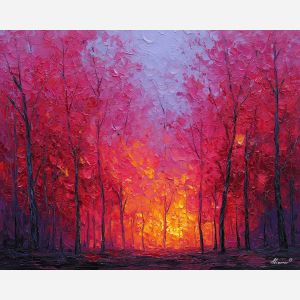 dawn forest painting, red forest light, morning embers, palette knife oil artwork, warm forest decor, textured landscape