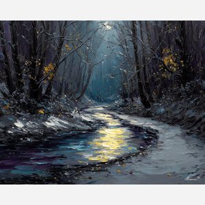silver stream painting, forest river art, dark woodland landscape, palette knife oil, textured forest decor