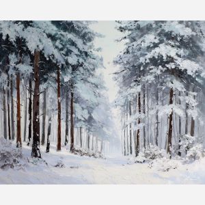 winter forest painting, snowy pines, white forest art, cold landscape, palette knife winter, textured oil painting, blue winter decor