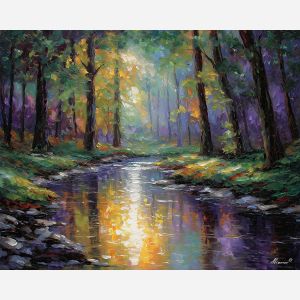 forest stream painting, river landscape, golden reflections, mossy woods art, palette knife oil painting, textured nature wall art, forest water scene