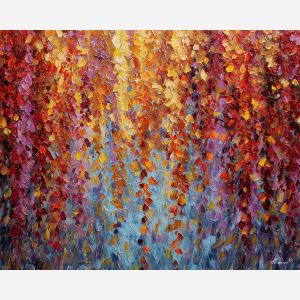 copper forest painting, metallic autumn leaves, warm woodland art, palette knife oil painting, textured fall decor, bronze forest artwork
