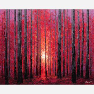 crimson forest painting, red sunlight art, glowing forest rays, palette knife landscape, textured oil artwork
