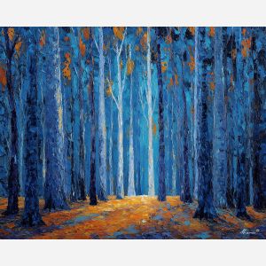 blue forest painting, dark shadows woodland, moody forest art, palette knife oil, cool landscape decor