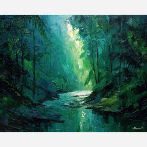 rainforest painting, emerald forest art, tropical woodland, green landscape, palette knife jungle, textured oil painting, humidity forest decor