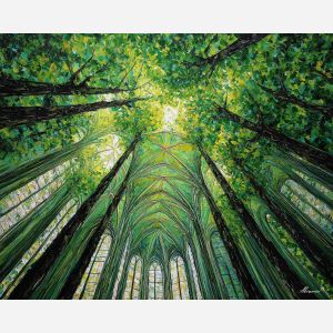 deep forest painting, green canopy, tall trees art, emerald woodland, palette knife forest, textured painting, nature wall decor